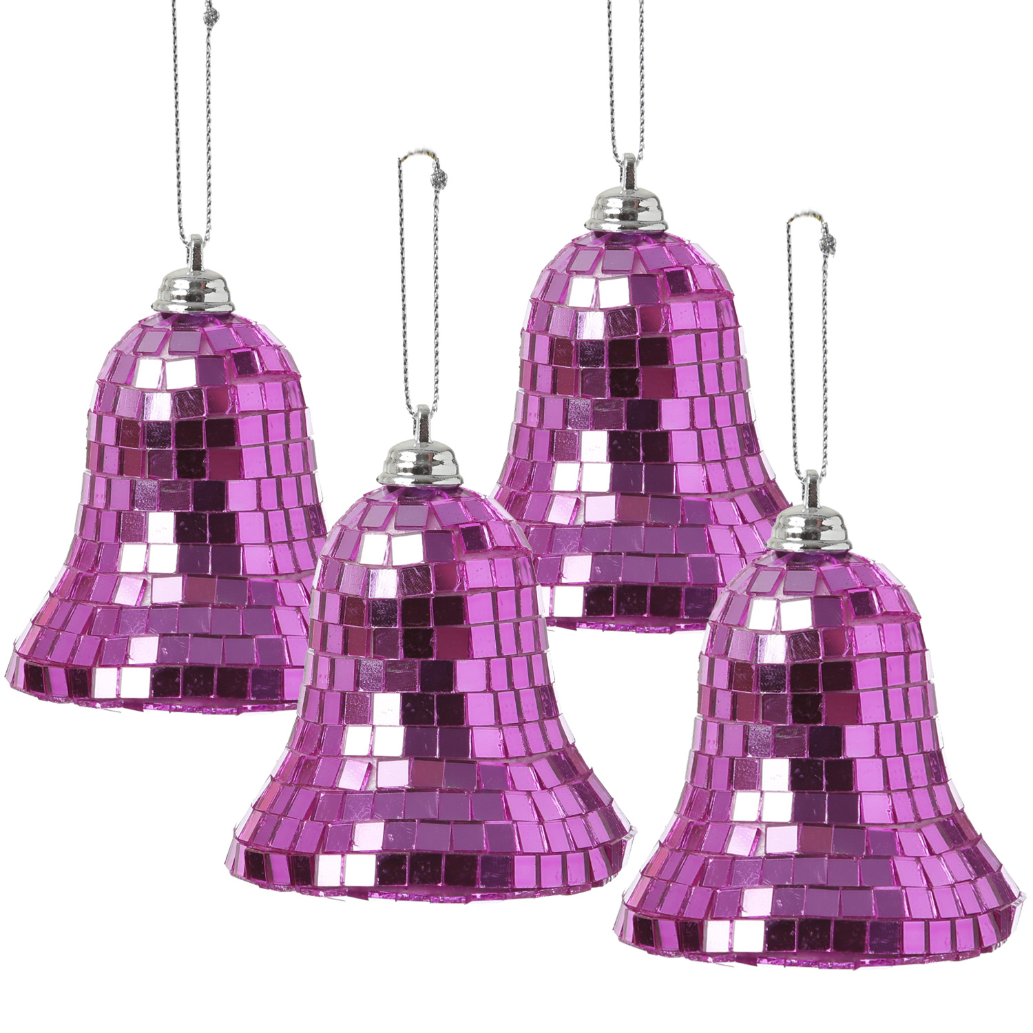 Christbaumschmuck Glocken - Weihnachtsbaumschmuck im Discokugel Look - H: 8cm - pink - 4er Set