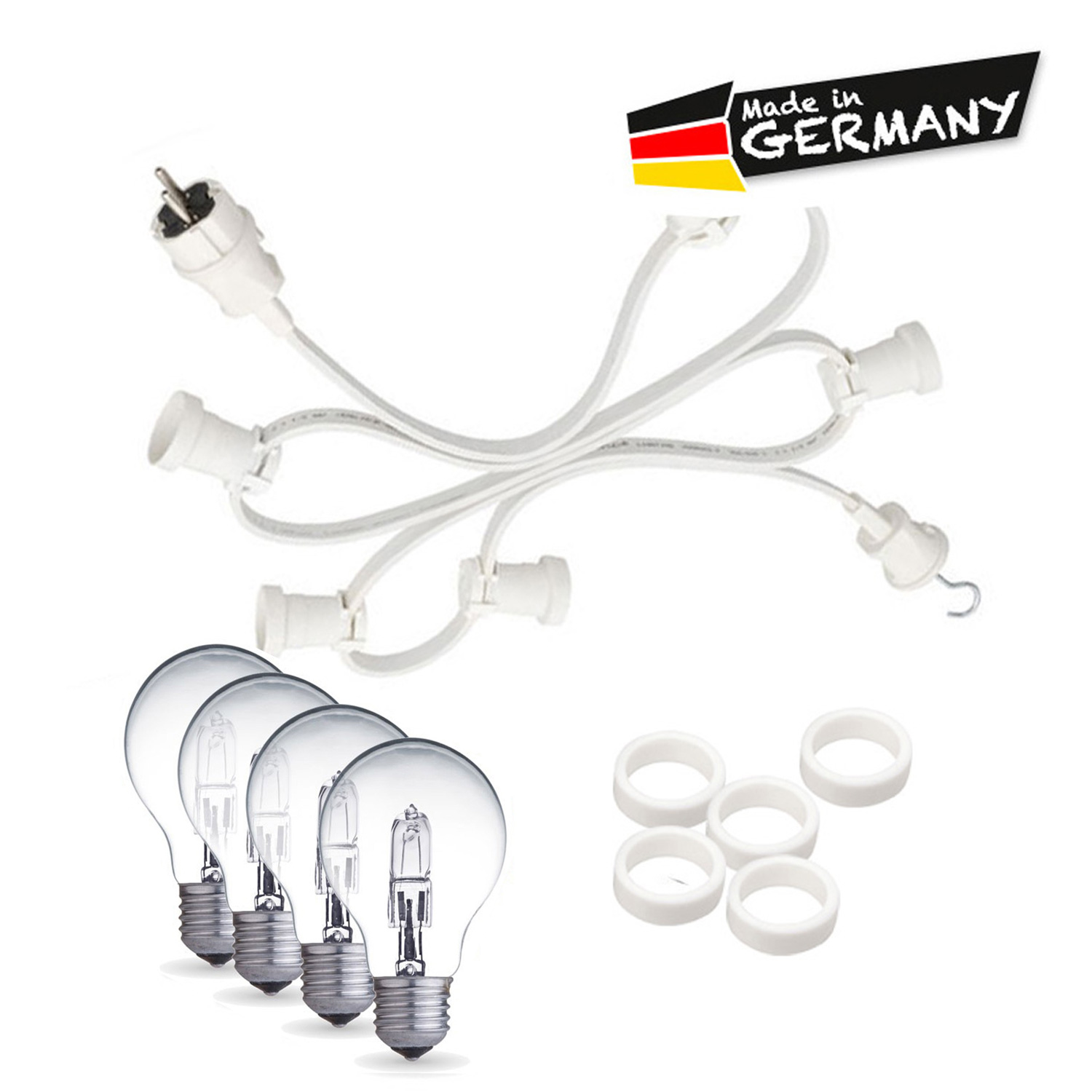 Illu-/Partylichterkette 50m - Außenlichterkette weiß - Made in Germany- 50 dimmbare Halogenlampen