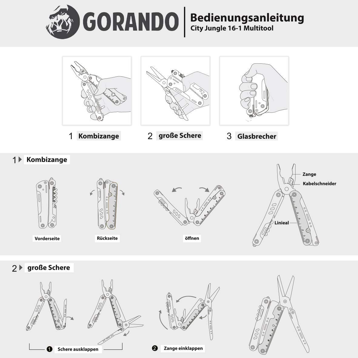 GORANDO® Multitool – 16in1 CITY JUNGLE | Multifunktions Taschenmesser | Edelstahl Werkzeuge zum Klappen | große Schere