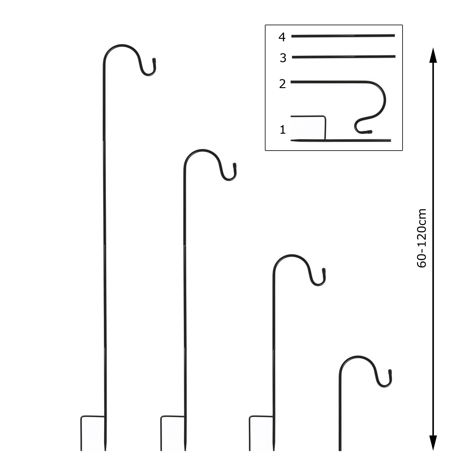 Gartenspieß für Laternen/Leuchten/Gartendeko - Gartenstecker - Schäferhaken - 60-120cm - 4er Set