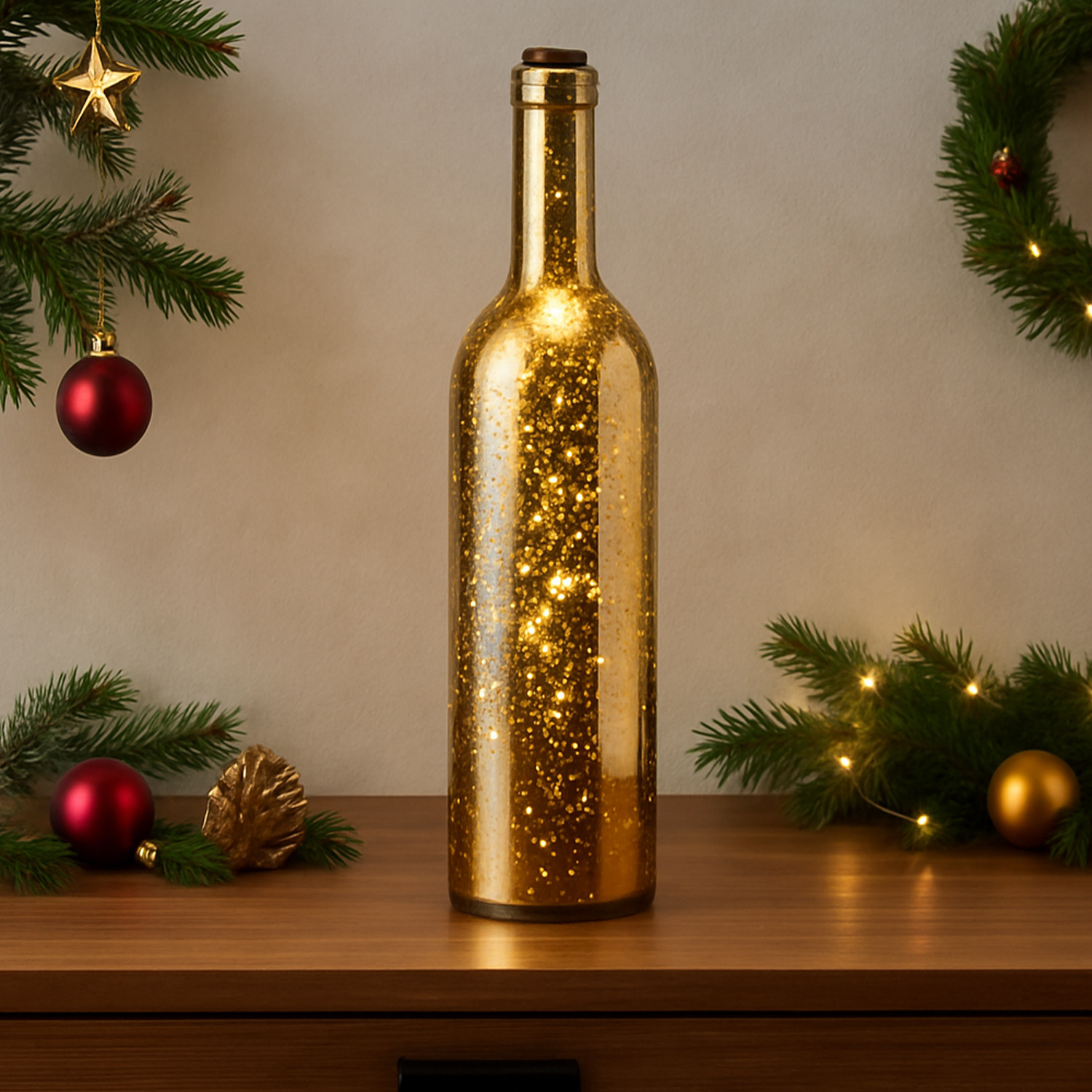 LED Dekoflasche - 8 warmweiße flackernde LED - D 75cm - H 30cm - Batterie - Timer - gold metallic