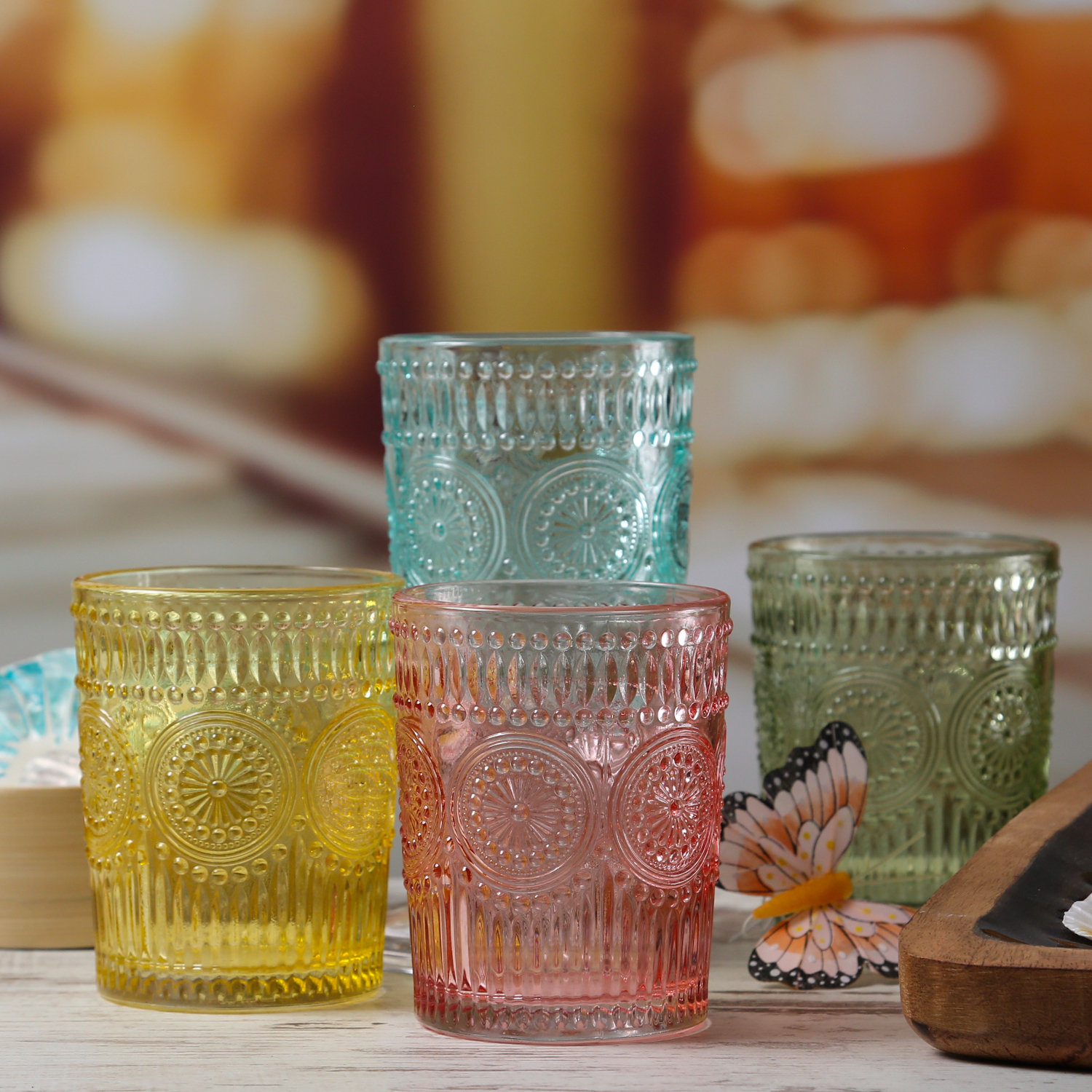 Trinkgläser Vintage - Glas - lebensmittelecht - 280ml - H: 10cm - mit Muster - blau - 4er Set