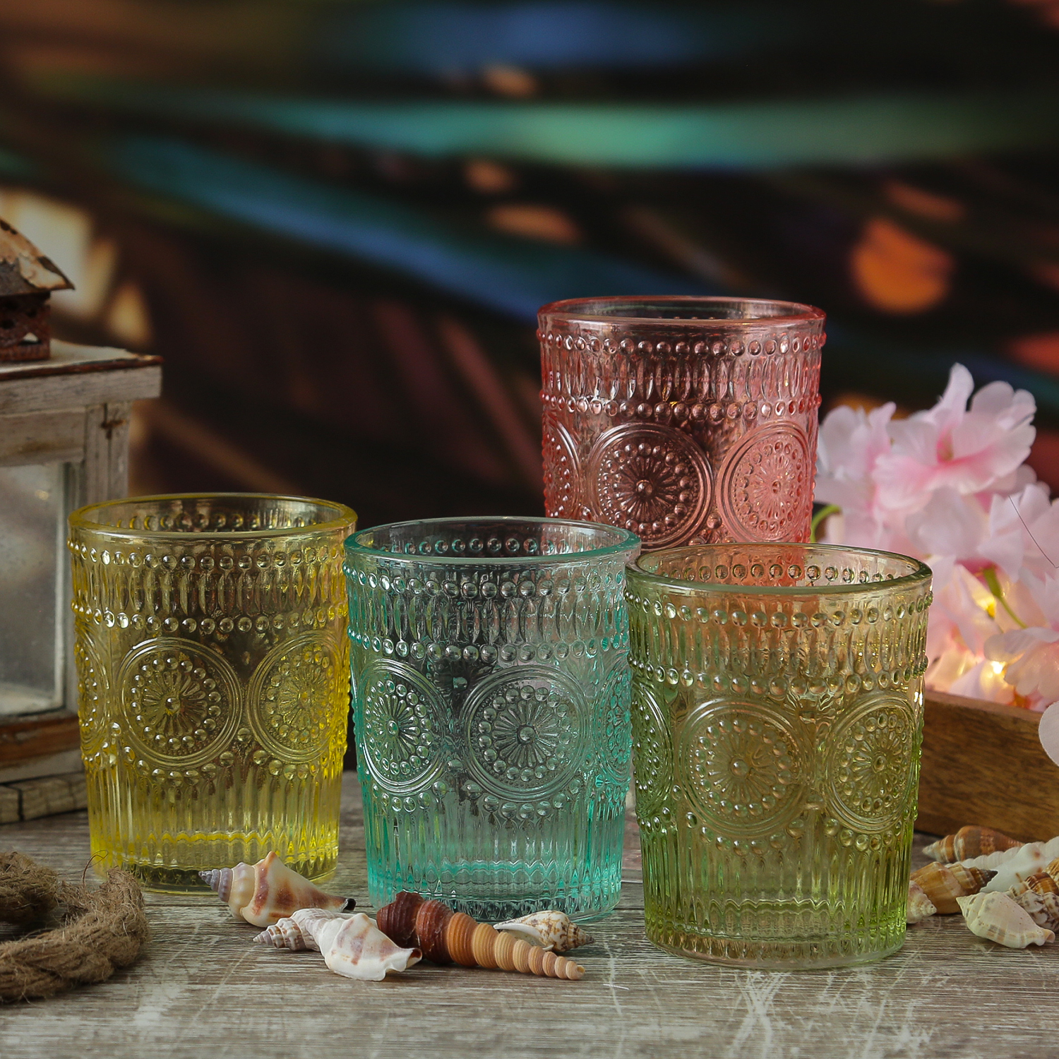 Trinkgläser Vintage - Glas - lebensmittelecht - 280ml - H: 10cm - mit Muster - rosa - 4er Set Trinkgläser Vintage - Glas - lebensmittelecht - 280ml - H: 10cm - mit Muster - rosa - 4er Set